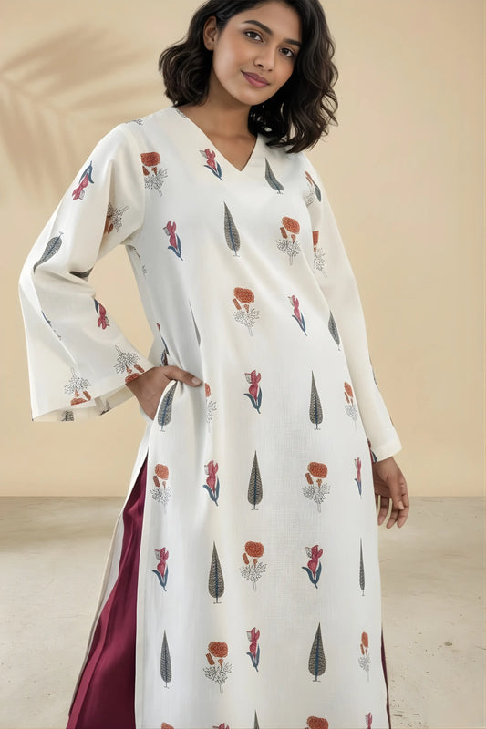 Upper body view of beige floral long kurta showing bell sleeve detail