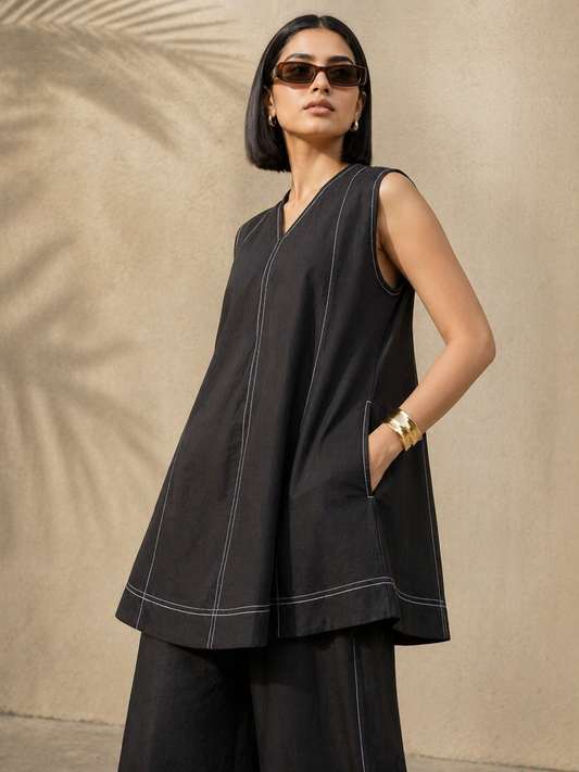Black Contrast Stitch Sleeveless Tunic Set