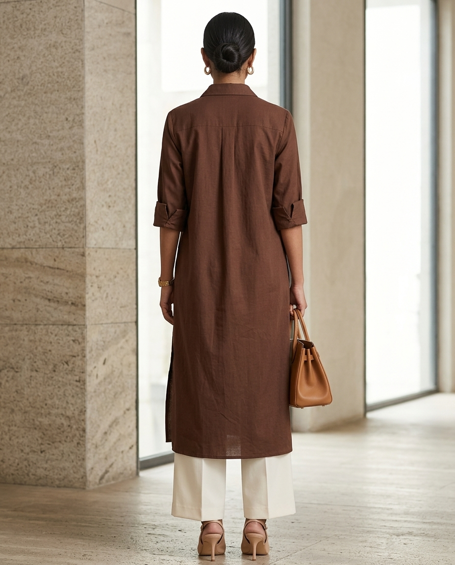 Back view of brown longline shirt kurta showing clean silhouette and high side slits