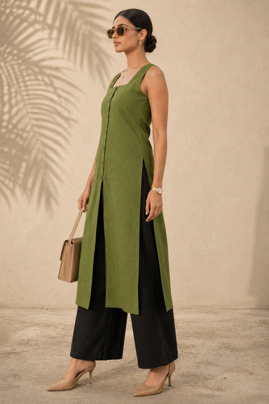 Green Square Neck Straight Kurta