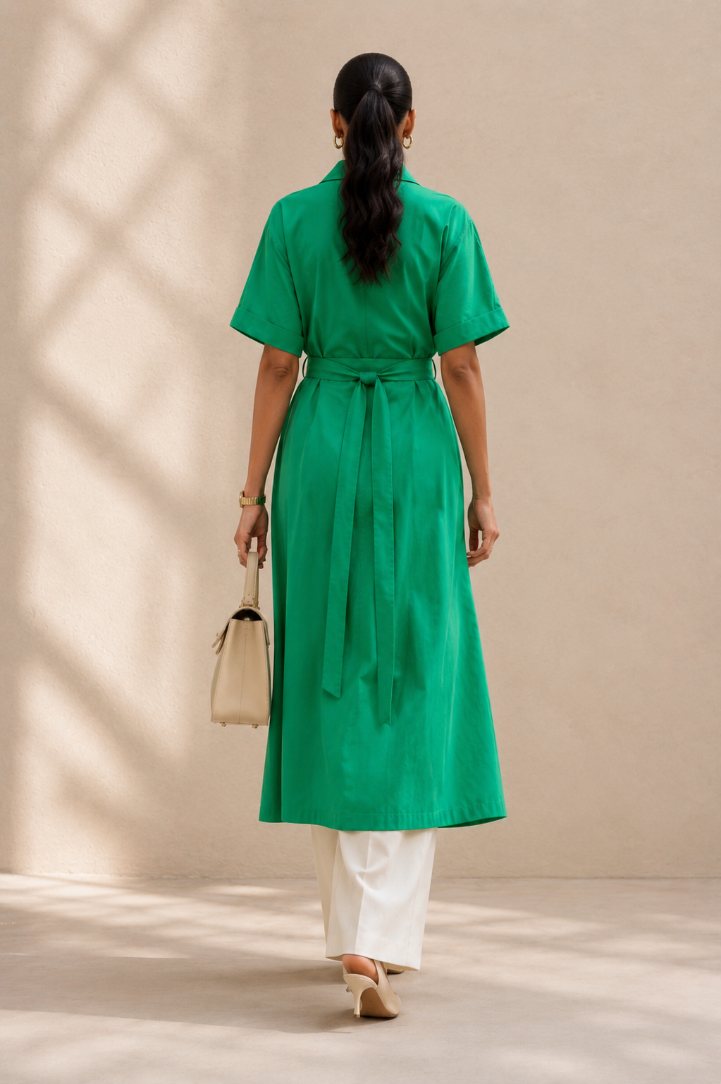 Back view of parrot green longline shirt kurta showing self-tie waist belt and clean mid-calf length silhouette