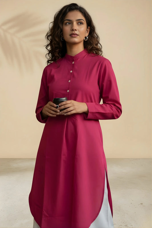 Upper body view of Rani pink pleated office kurta showing collar detail