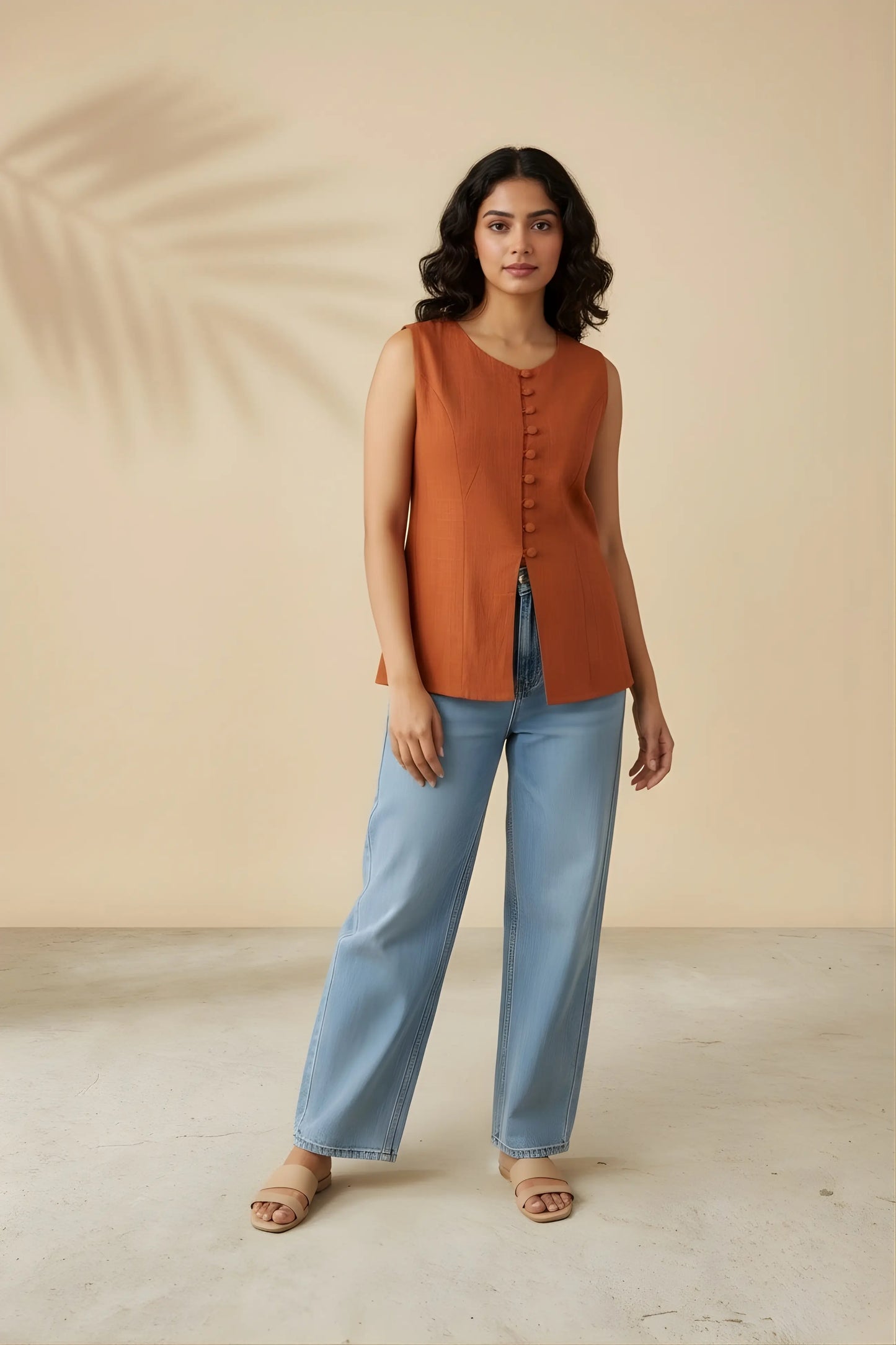 Full length model standing view of rust button-down
