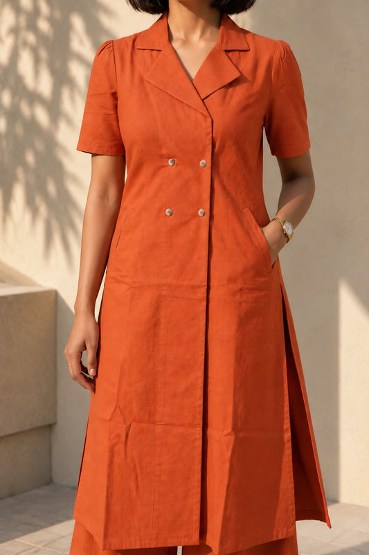 Rust Double-Breasted Coat-Style Kurta Set