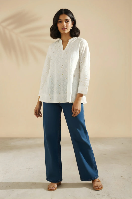 White khadi cotton straight kurta front view showing full length