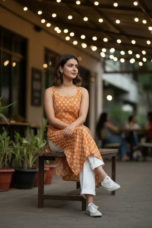 Model sitting on chair wearing casual orange floral summer kurti