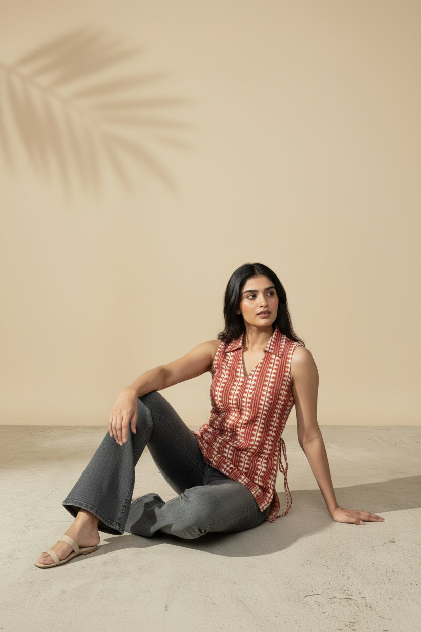 Model sitting on floor wearing casual watermelon summer tunic
