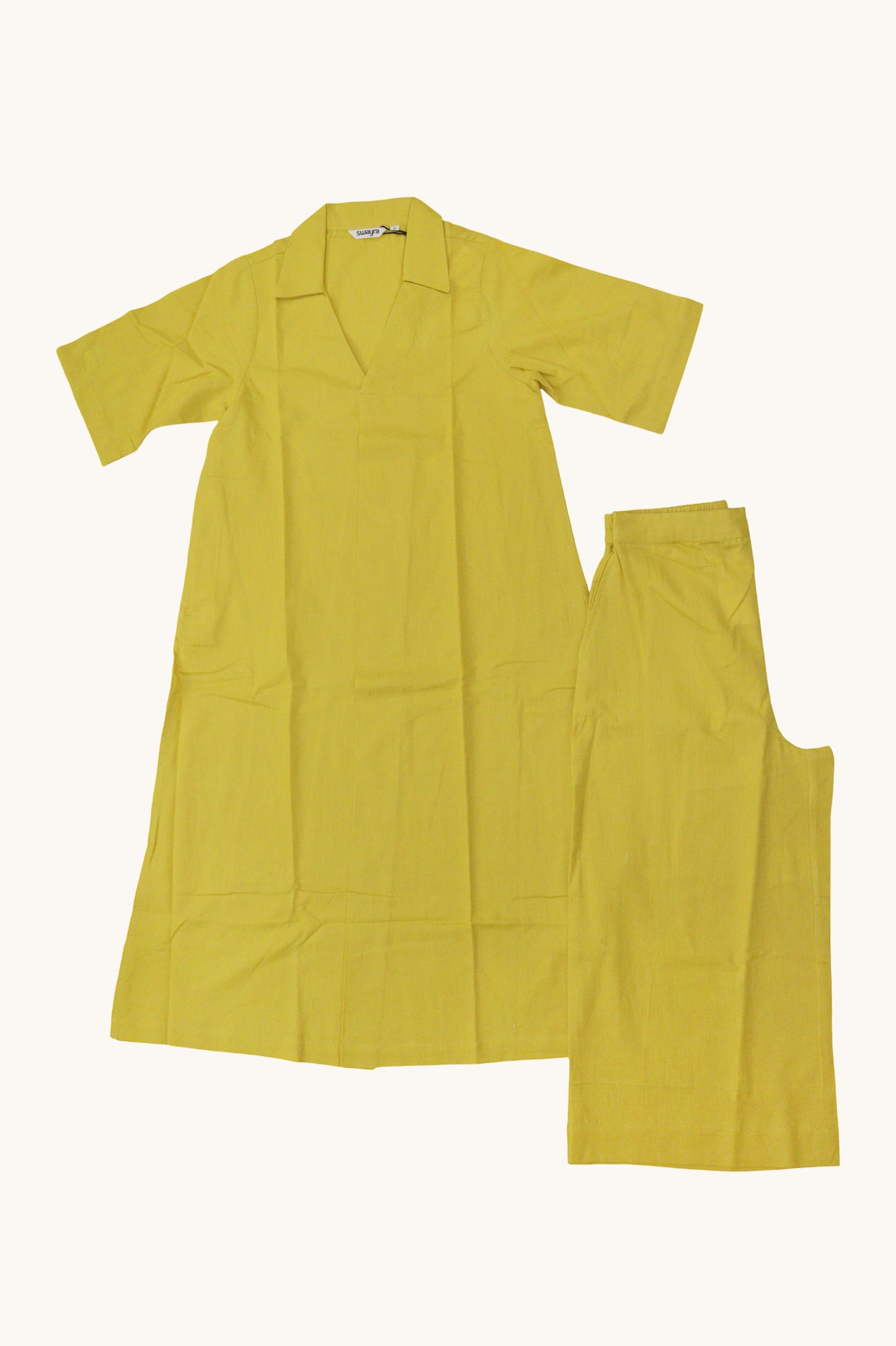 Flatlay photography of complete yellow collared kurta and plazzo set