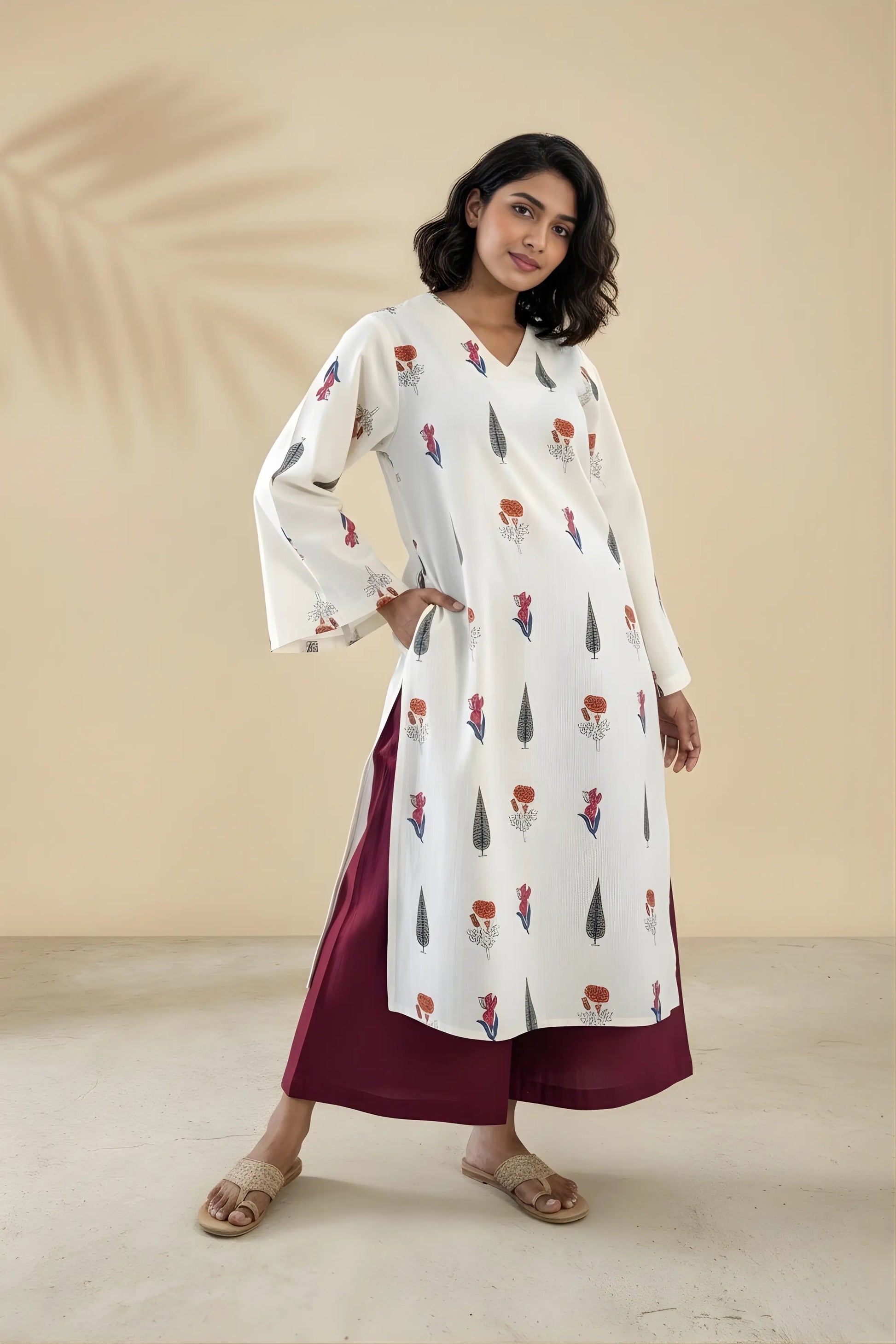 Full length view of beige floral co-ord set with bell sleeves for smart casual workwear