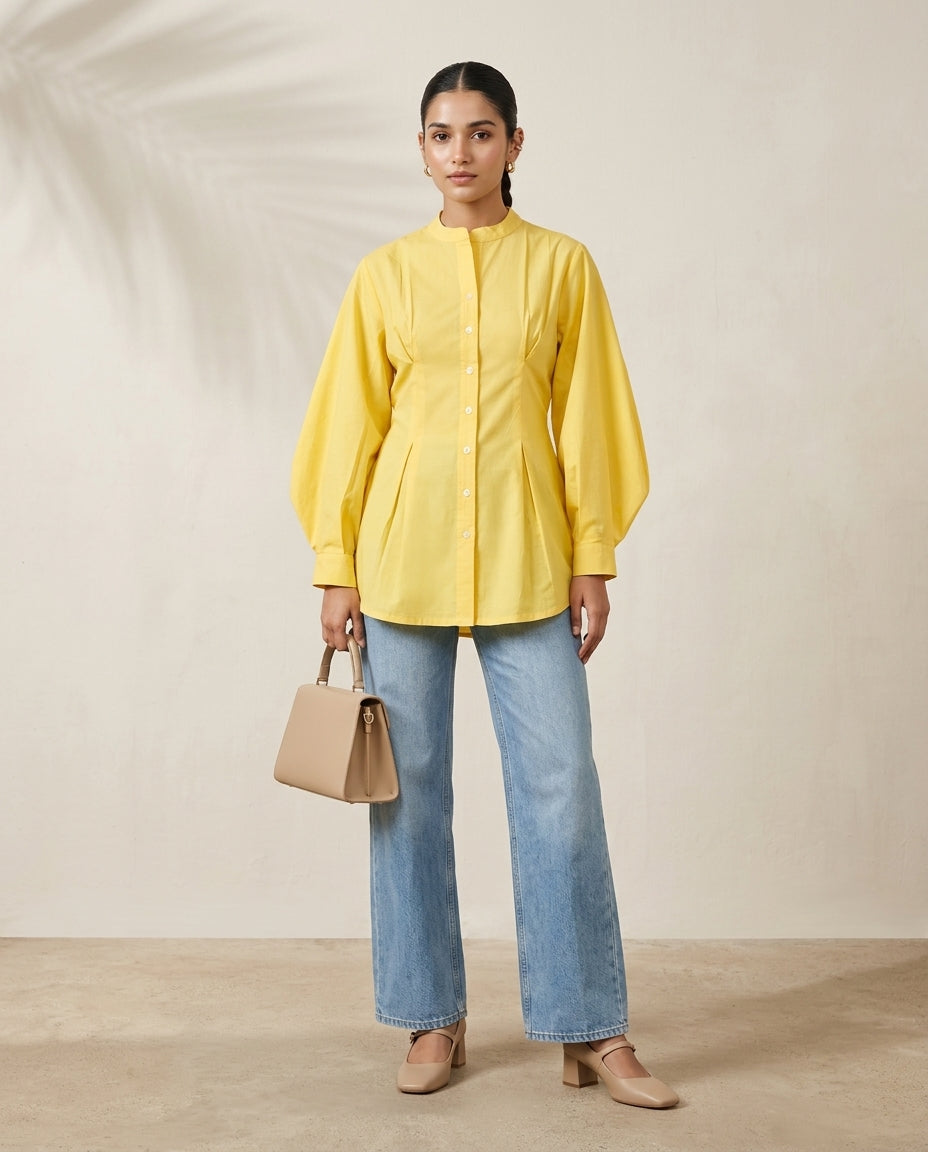 Swayra Yellow Bishop Sleeve Kurti, front view with button-down placket and fitted waist