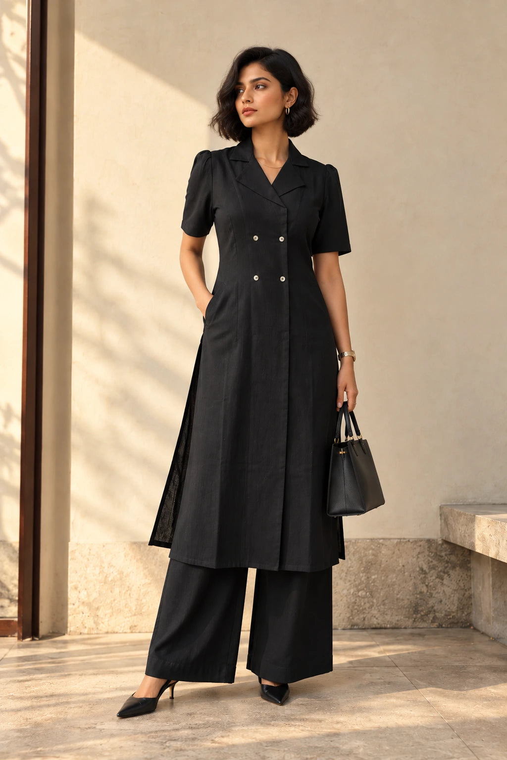 Black double-breasted coat-style kurta set, full front view, blazer-style collar paired with wide-leg palazzos