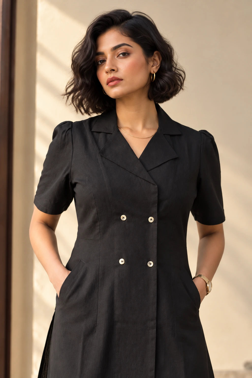 Close-up of black kurta showing blazer-style collar, four-button double-breasted front, puff sleeves and cut pockets