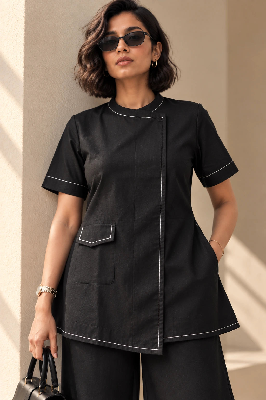 Black overlap kurta set, three-quarter view with hand in side seam pocket, showing flap patch pocket and asymmetric hem