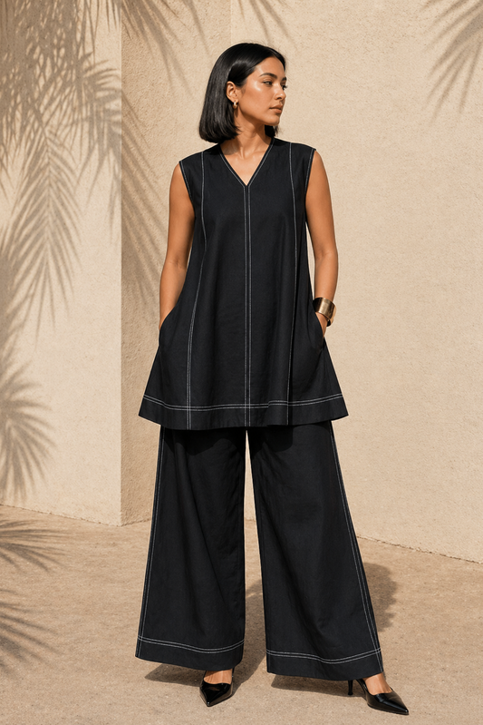 Black Contrast Stitch Sleeveless Tunic Set