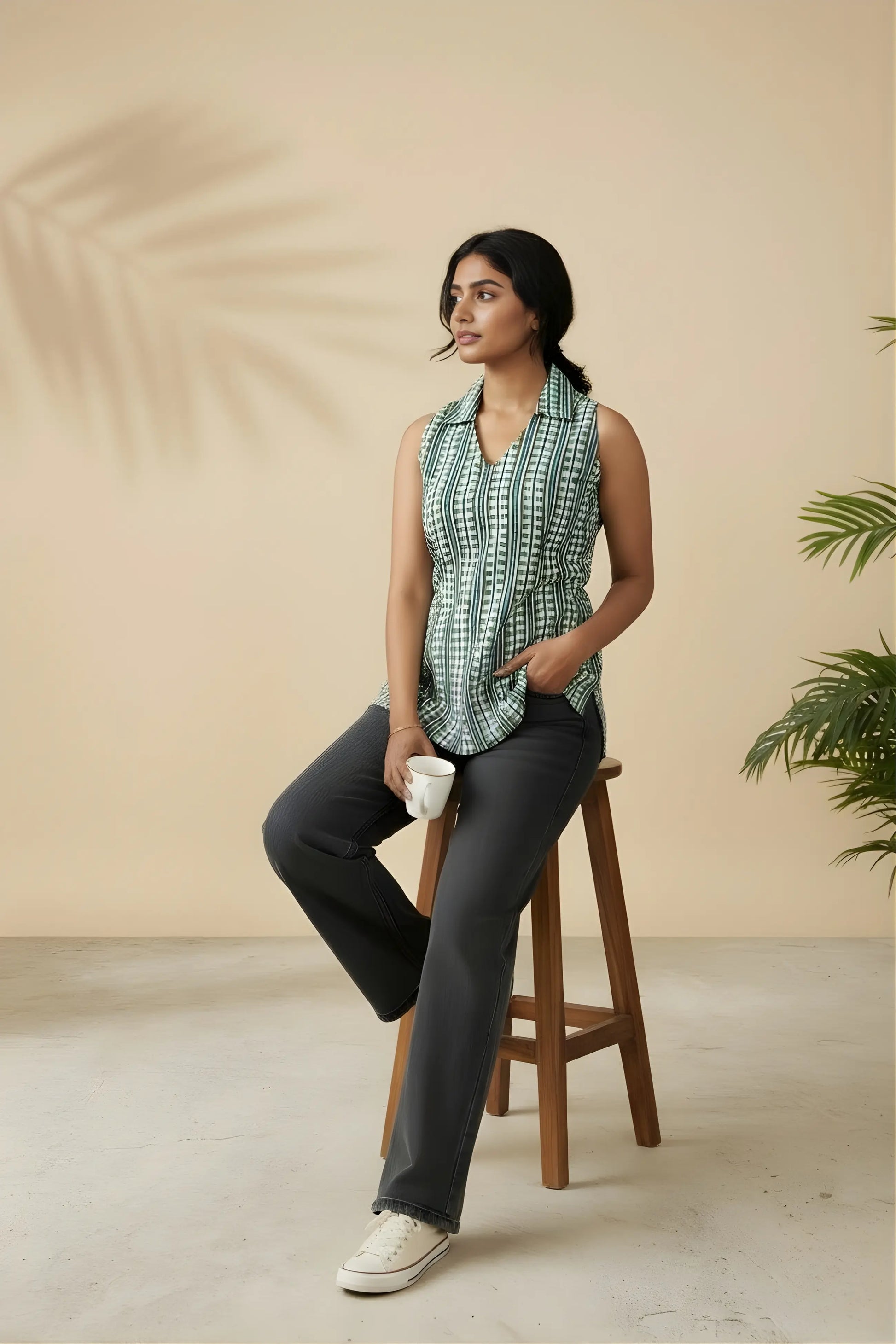 Model sitting on a chair wearing blue casual geometric top