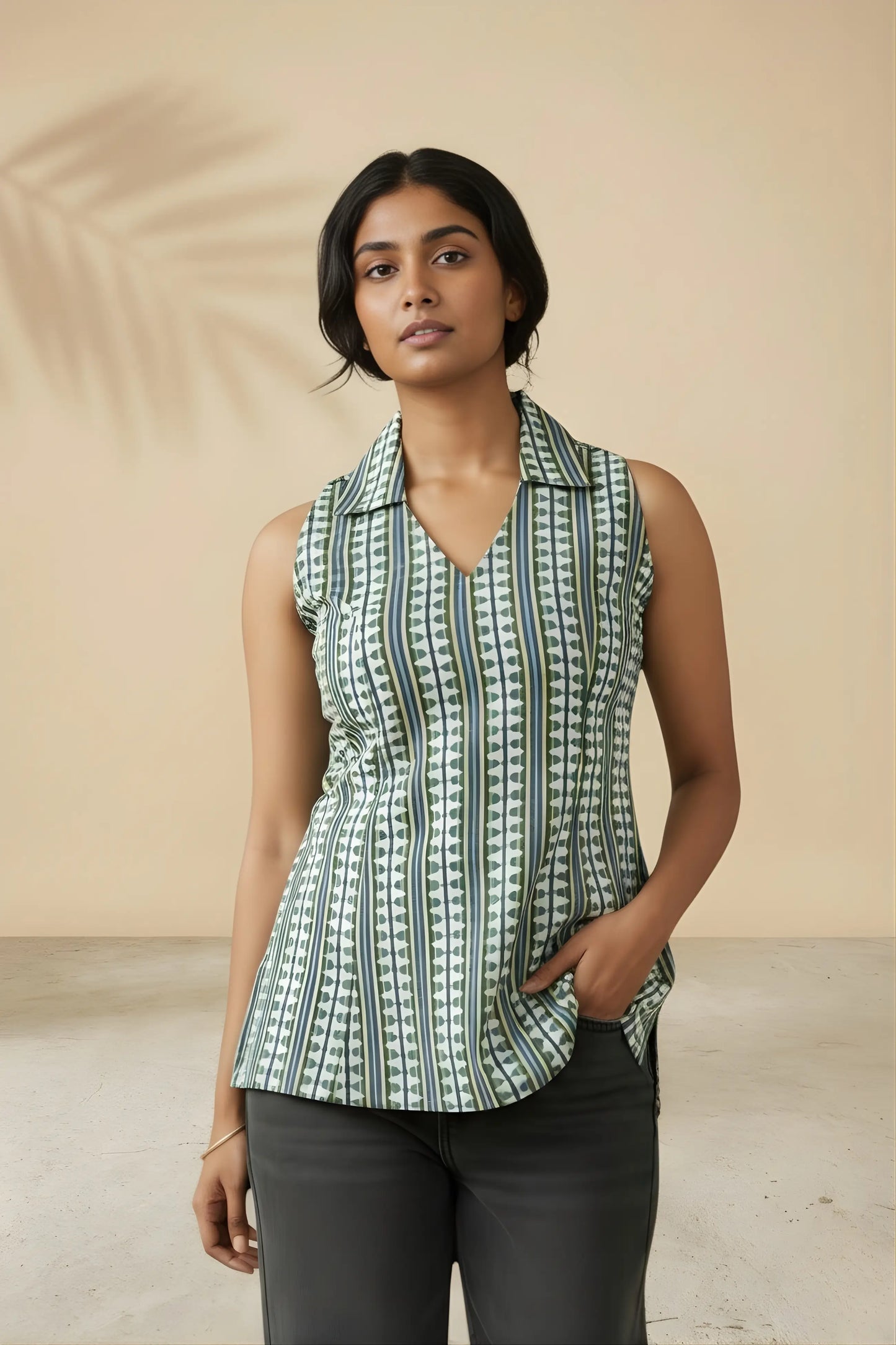 Blue Geometric corset tie short kurti top for women upper body view