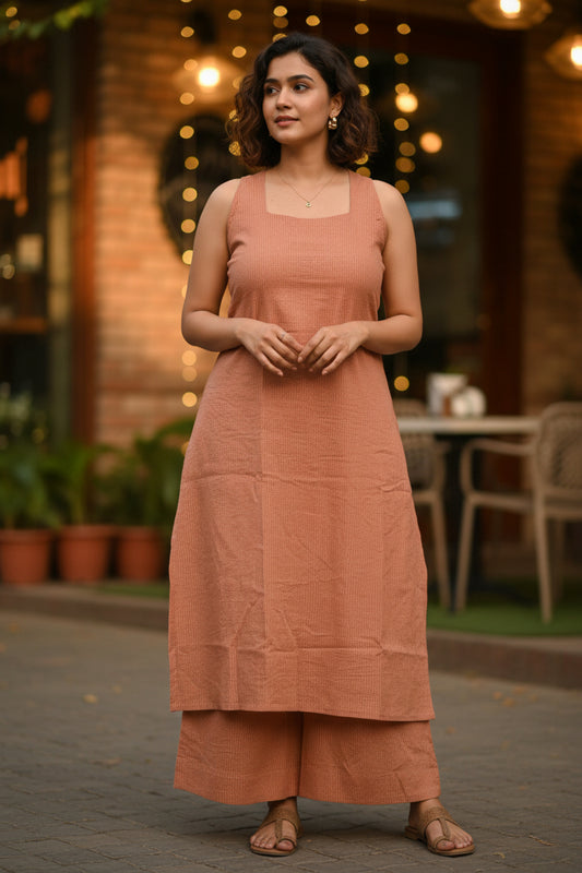 Full length view of brown cinnamon kantha cotton co-ord set for daily wear