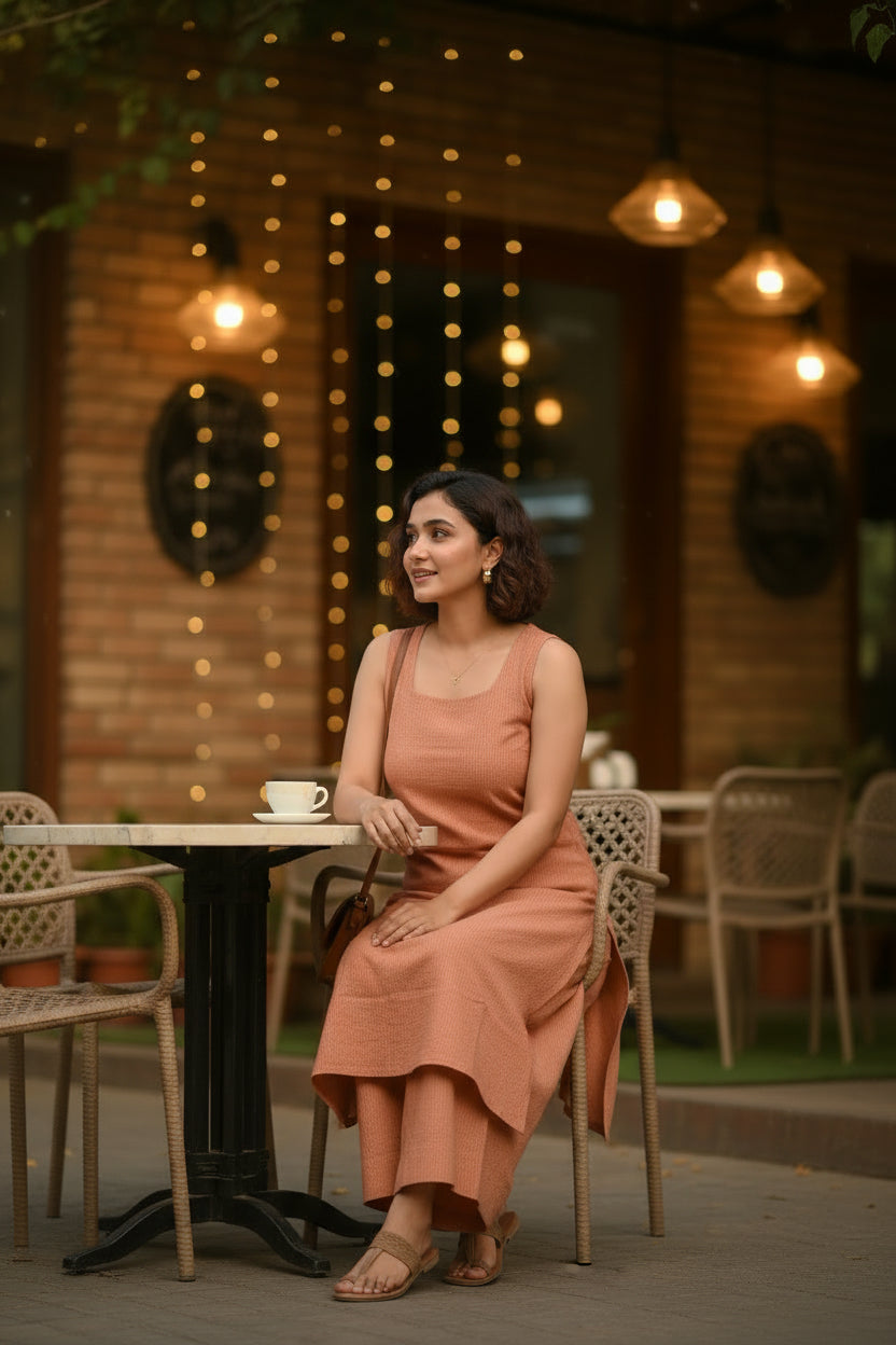 Model sitting on chair wearing brown kantha set