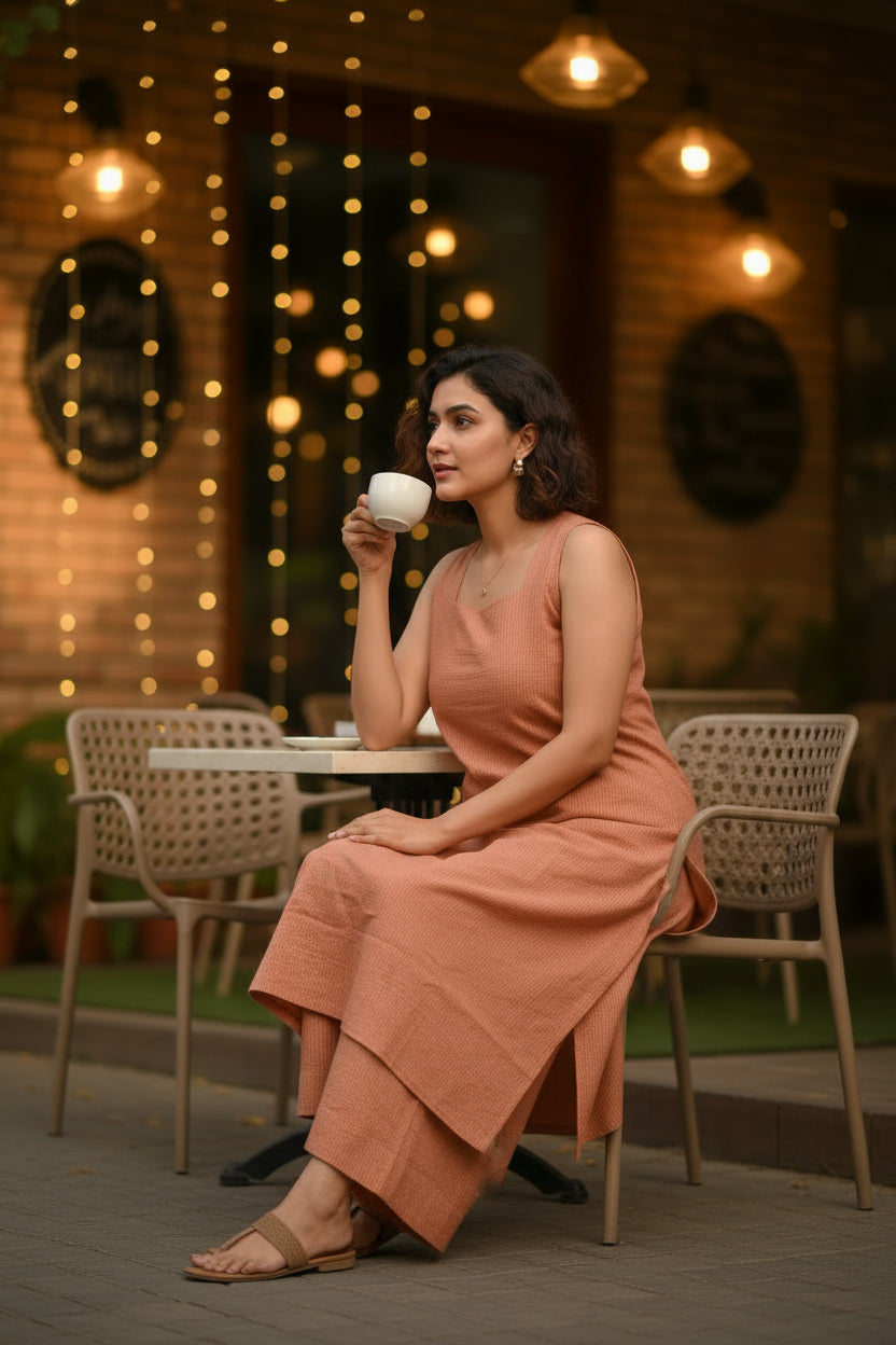 Candid lifestyle shot of woman sipping tea in comfortable brown kantha set