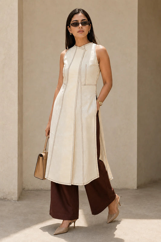 Cream contrast stitch kurta set, full front view, crossover neckline and longline silhouette paired with chocolate brown wide-leg trousers