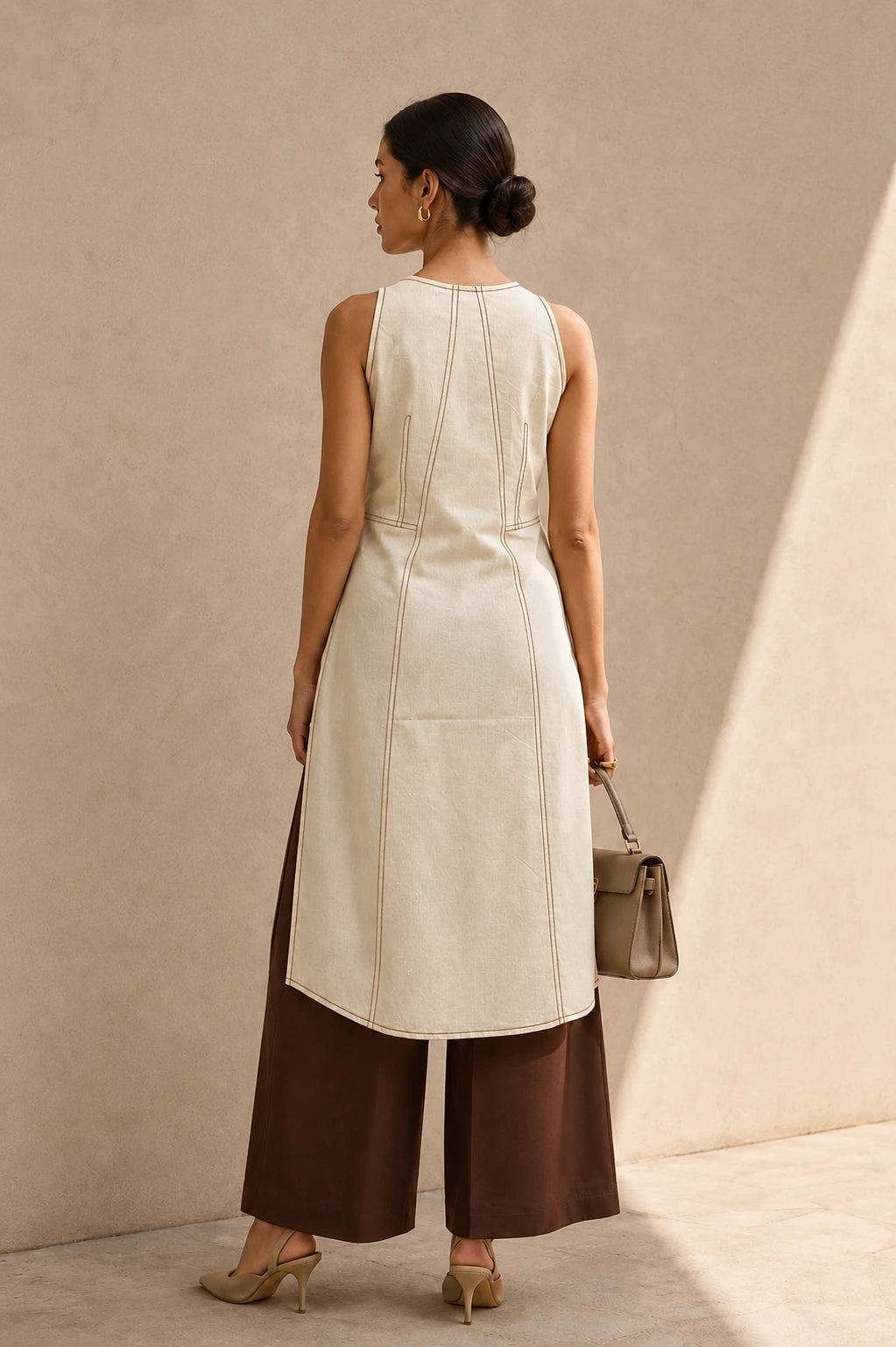 Cream contrast stitch kurta set, back view showing topstitching detail, longline silhouette and high side slits, styled with chocolate brown wide-leg trousers