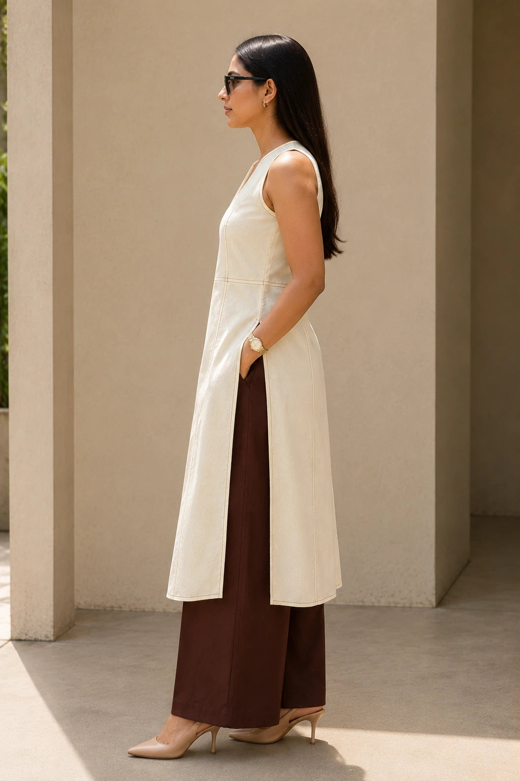 Side view of cream contrast stitch kurta set showing high side slit, longline length and structured panel seams