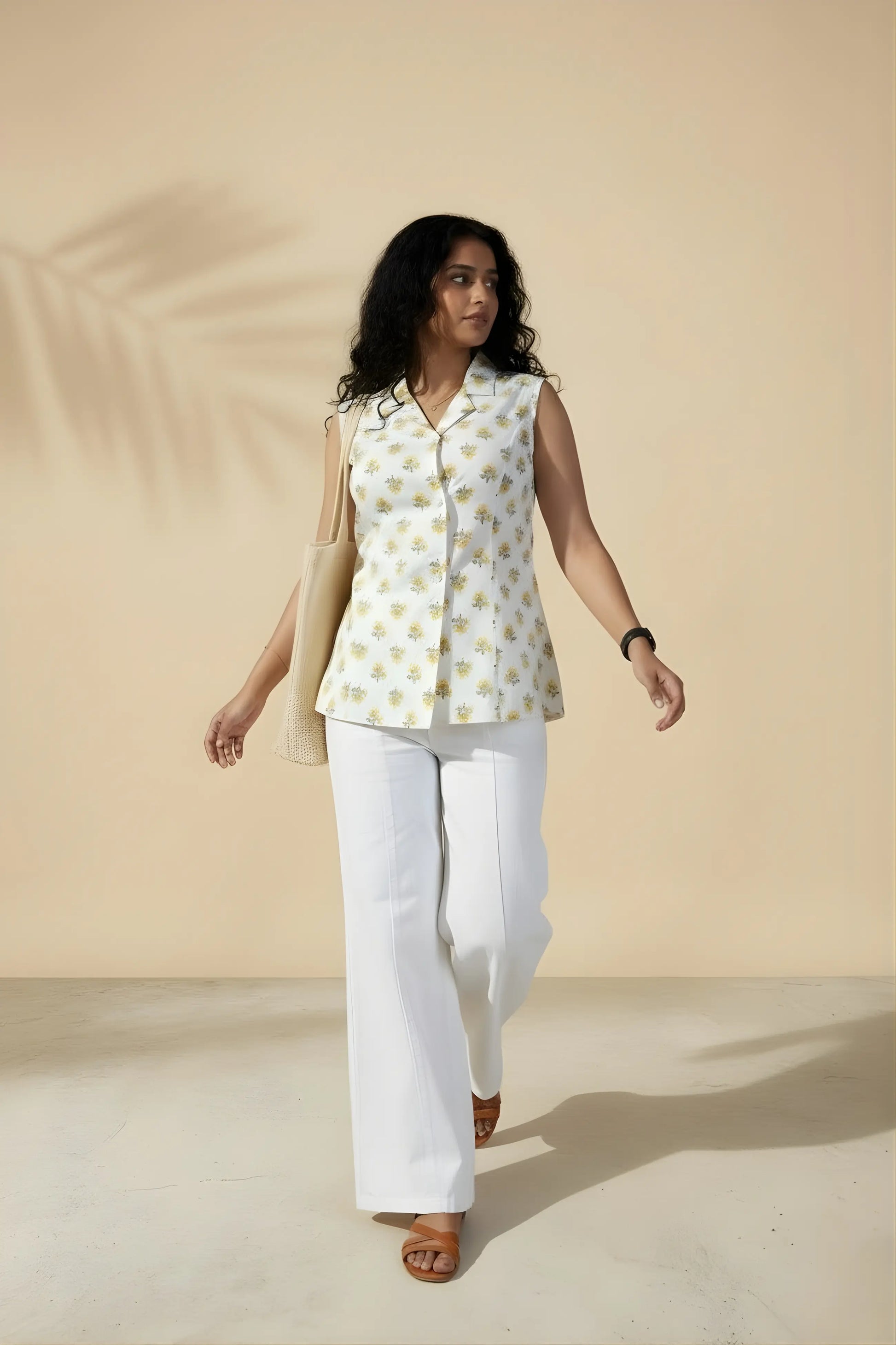 White floral vest top front view standing style with button details