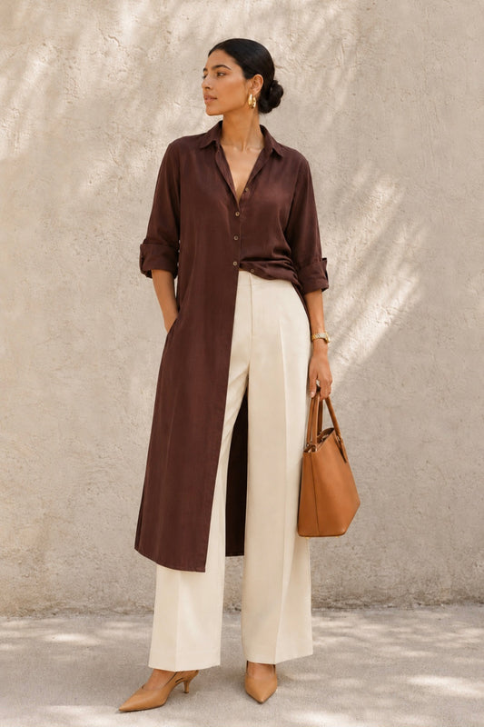 Brown longline shirt kurta, front view, full button placket and point collar, styled with cream wide-leg trousers and tan tote