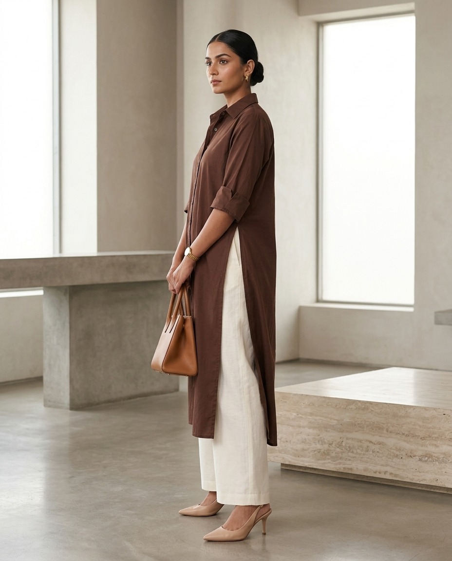Brown longline shirt kurta, side profile showing full length silhouette, high side slit and roll-up sleeve