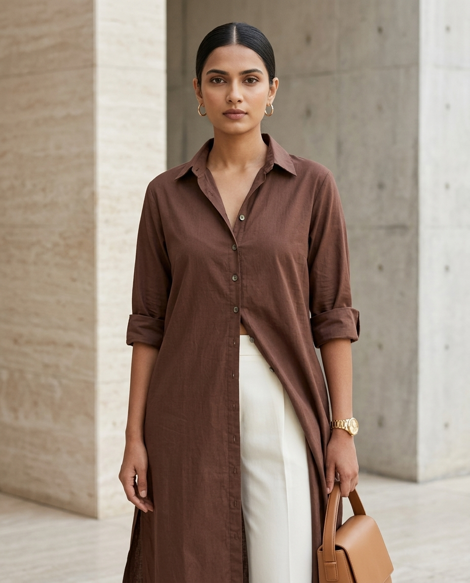 Close-up of brown shirt kurta showing point collar, full-length tonal button placket and folded sleeve cuff