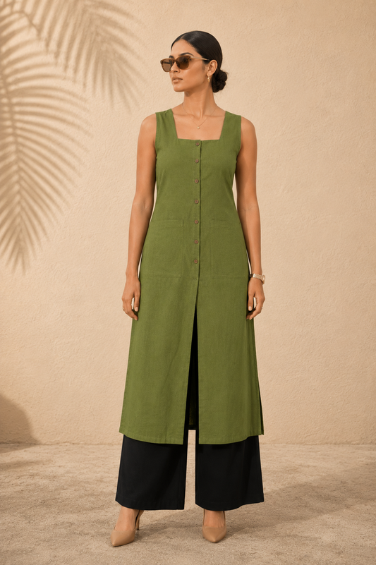 Green Square Neck Straight Kurta