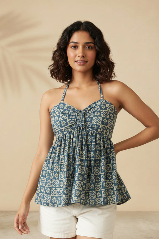 Indigo floral halter neck top for evening hangout upper body view