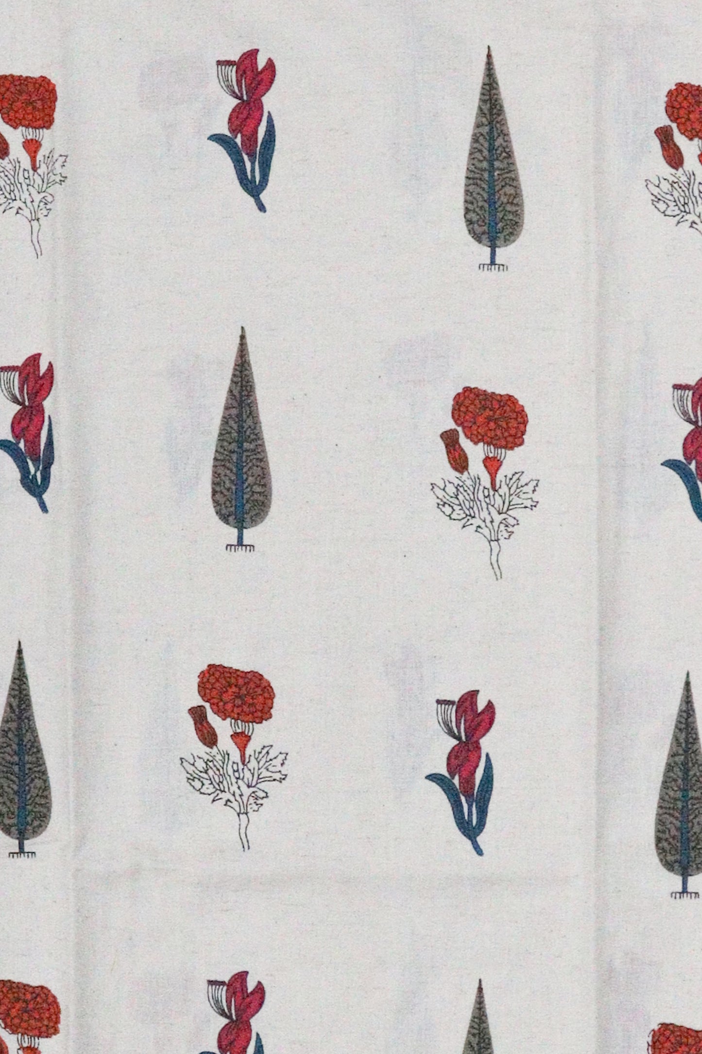 Close up detail of maroon floral print on beige cotton fabric