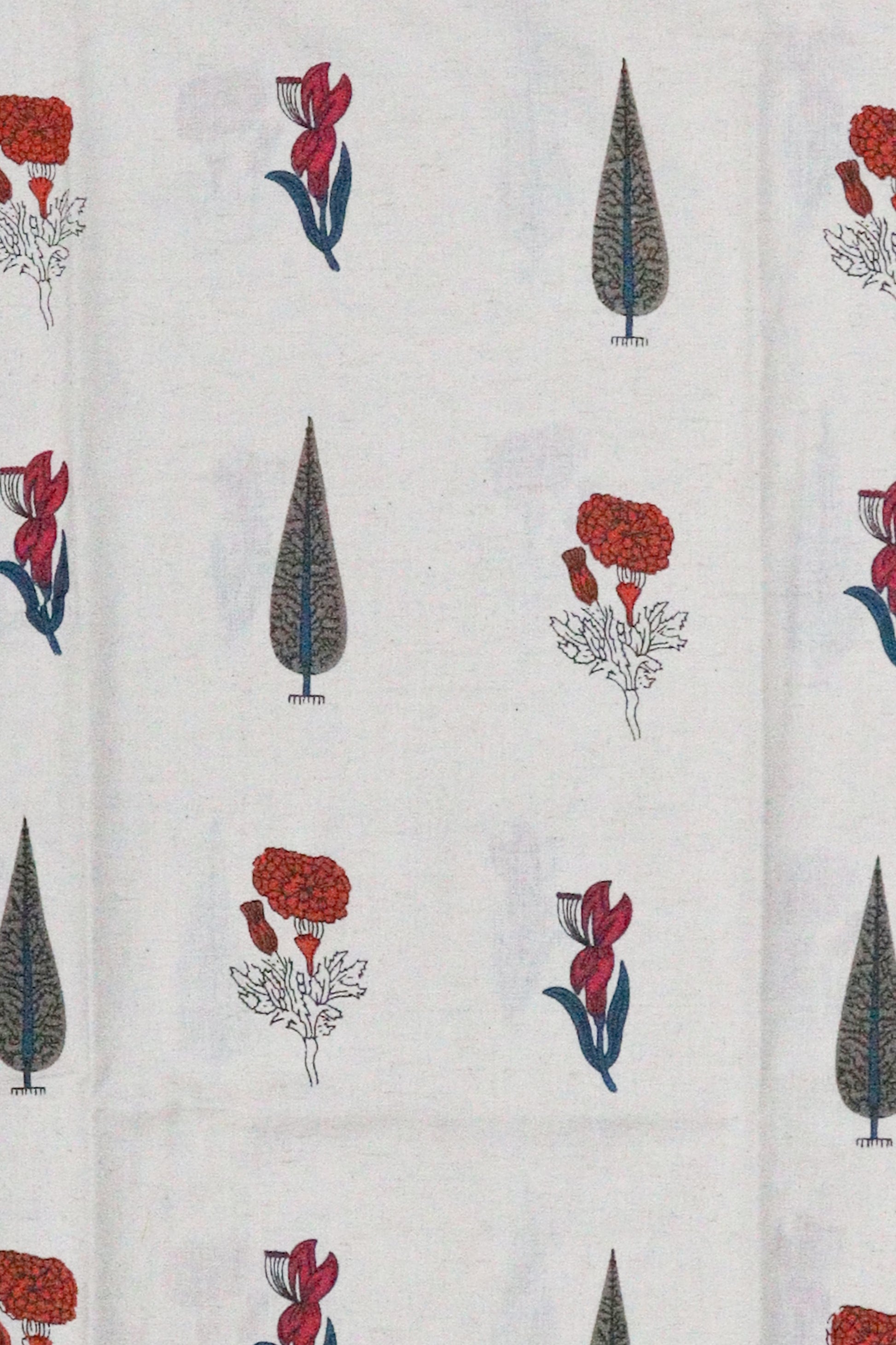 Close up detail of maroon floral print on beige cotton fabric