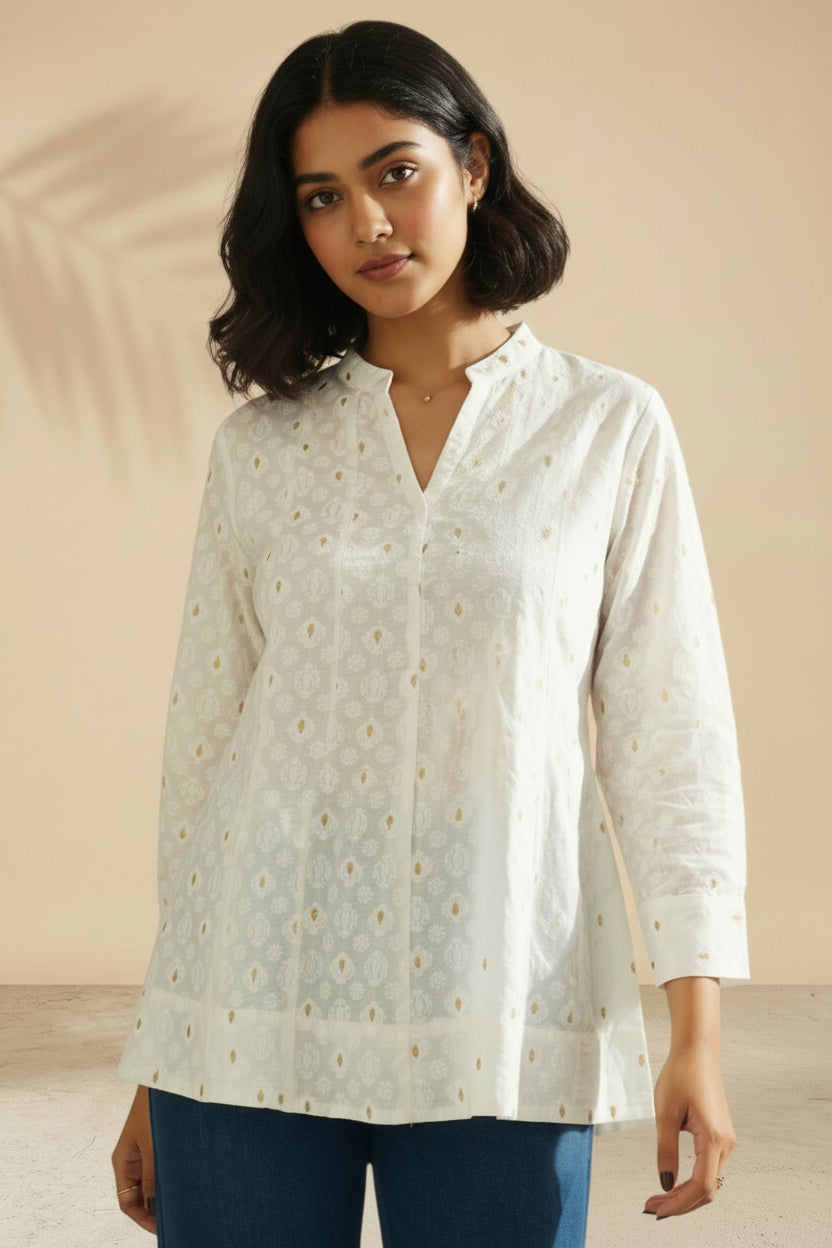 White khadi print cotton kurta for daily office wear front upper body view