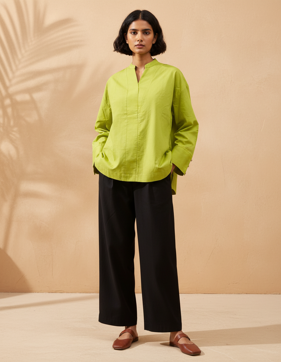 Lime Oversized Kurta - High-Low Cotton