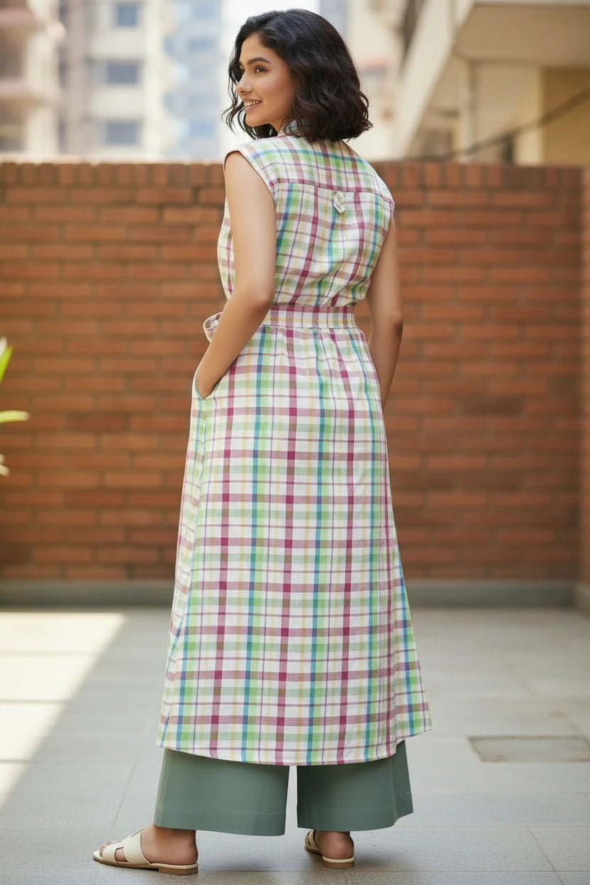 Back view of Swayra multi-color checkered longline kurta showing back yoke loop and relaxed fit.