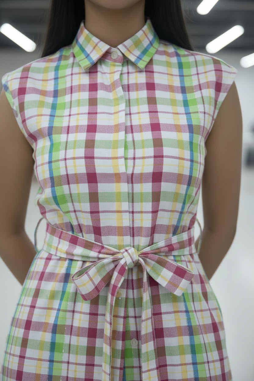 Close-up of Swayra multi-check kurta showing the hidden button placket and tied waist belt.