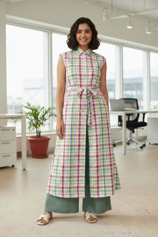 Full-length shot of multi-check drop shoulder longline kurta in a modern office setting.
