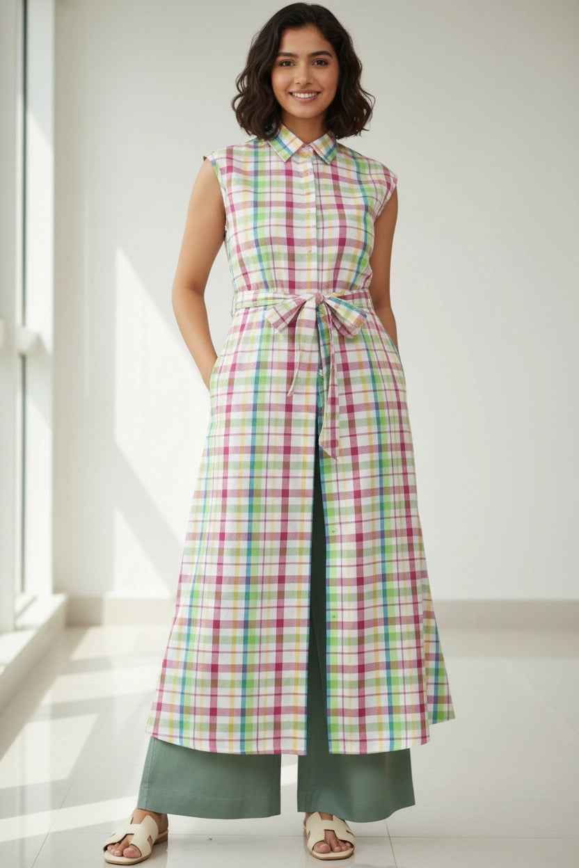 Model wearing Swayra checkered shirt-style kurta with waist belt and wide-leg green trousers.
