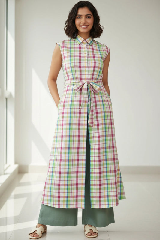 Model wearing Swayra checkered shirt-style kurta with waist belt and wide-leg green trousers.