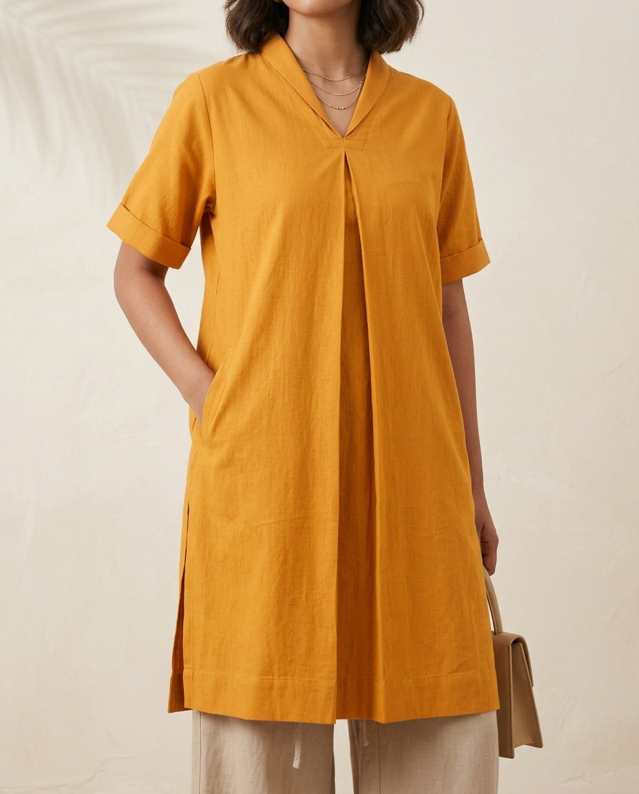 Mustard Front Pleated Box Fit Kurta