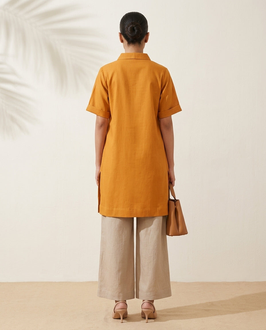Back view of Swayra Mustard Front Pleated Kurta, clean back and side slits