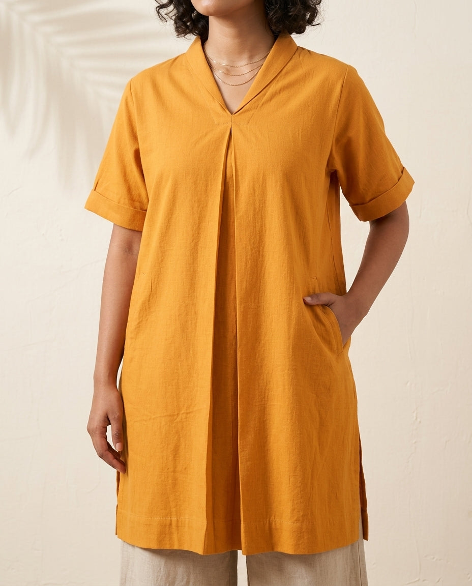 Mustard Front Pleated Box Fit Kurta