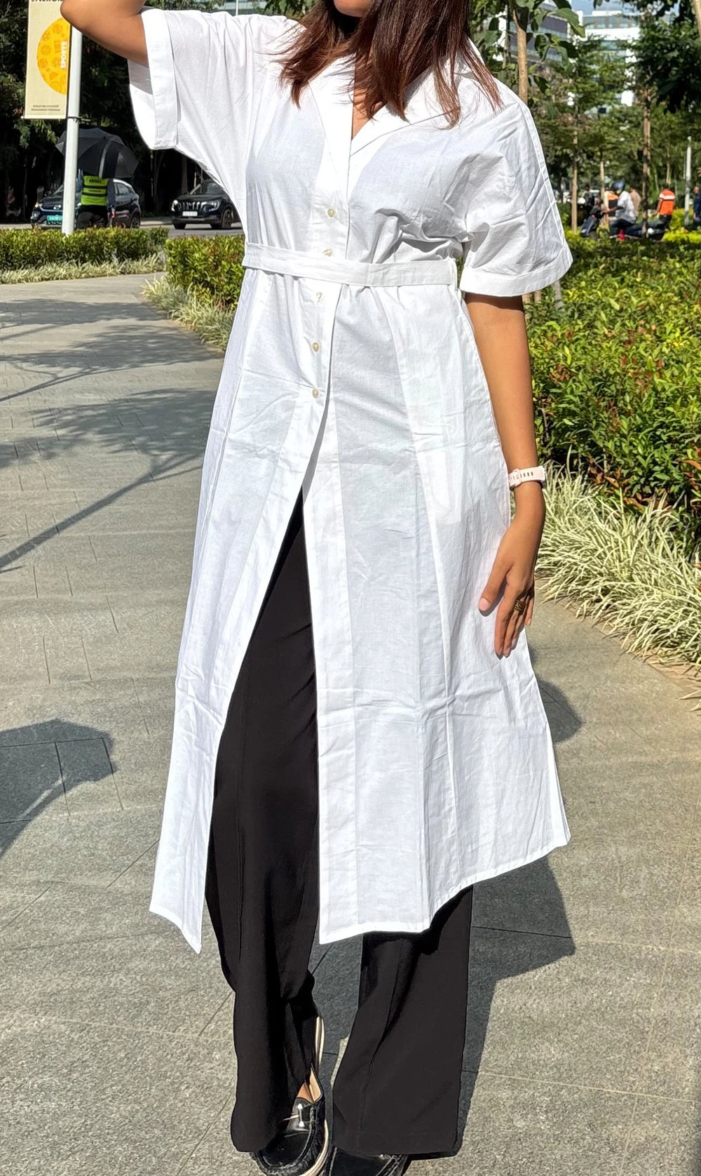 White A-Line Belted Shirt Kurta