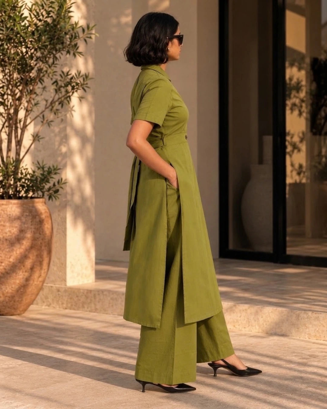 Side view of olive green wrap kurta set showing high side slit, longline length and wide-leg palazzos
