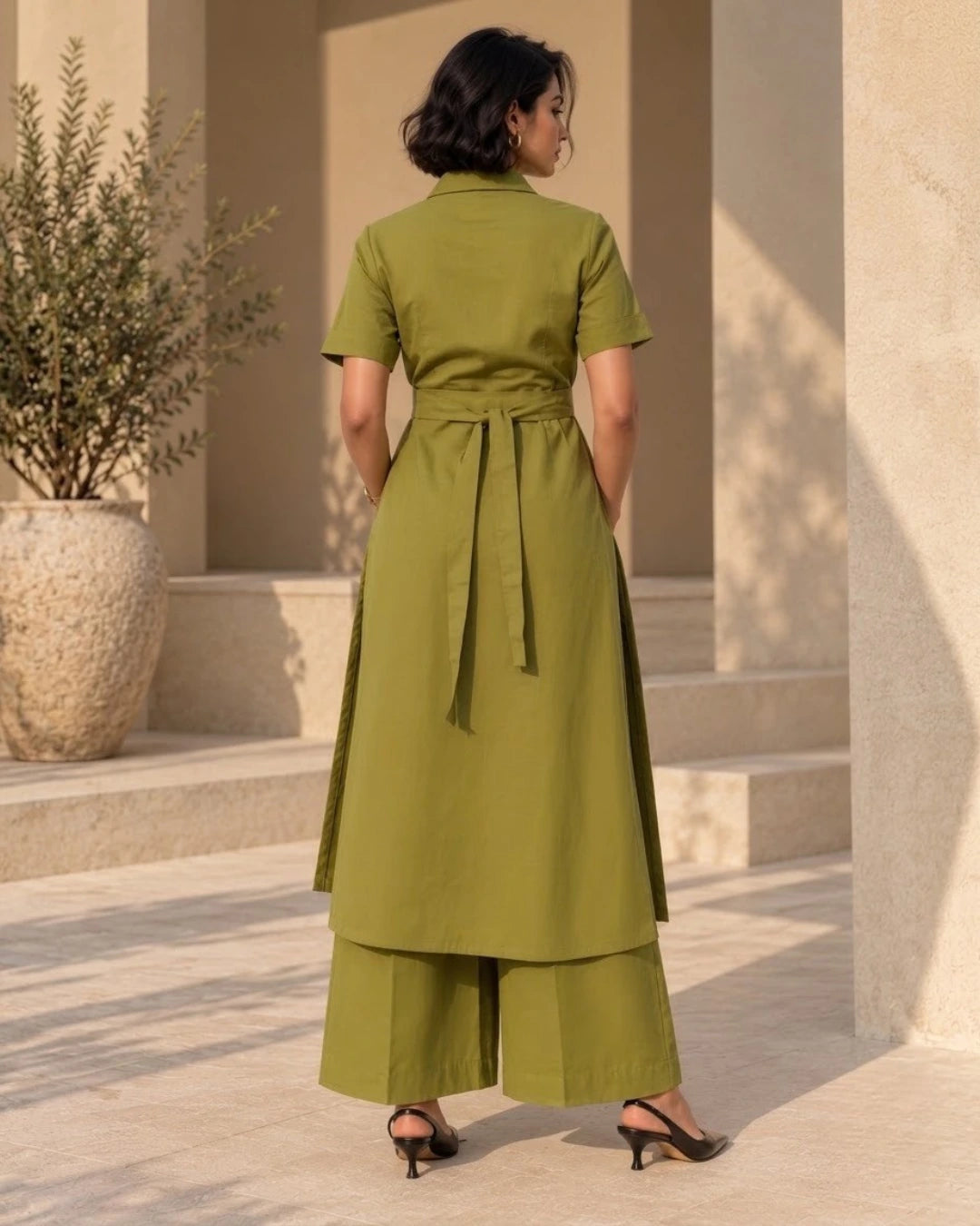 Back view of olive green kurta set showing removable belt tied at the back and full-length wide-leg palazzos