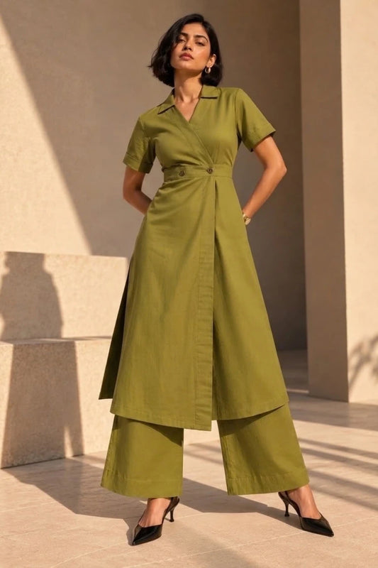 Olive Green Wrap Belted Kurta Set