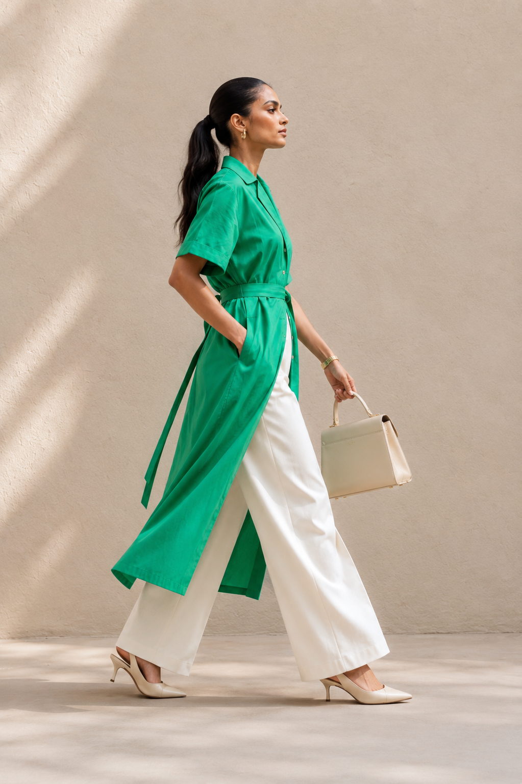 Parrot green shirt kurta, side view showing high side slit, deep side pocket and self-tie belt detail