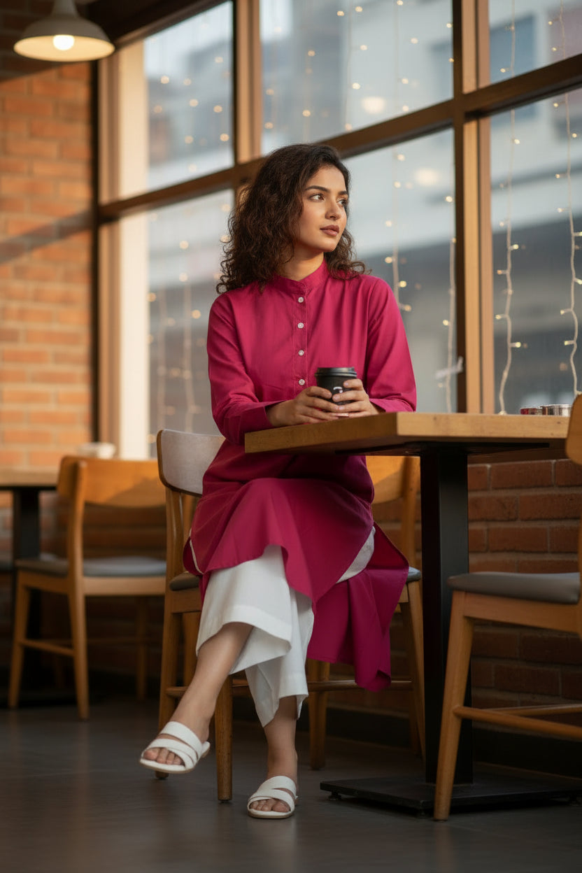 Model sitting on chair wearing solid pink kurta office tunic